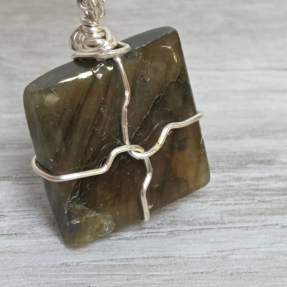 Labradorite Wire Wrapped Pendant Necklace– Handmade Square Gemstone Boho Jewelry - Picture 5 of 9